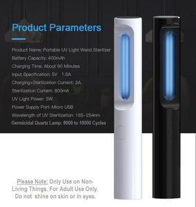 2pk UV Light Wand Rechargeable UVC Lamp - Best for Killing Germs, Viruses, Bacteria, Mold (Black)